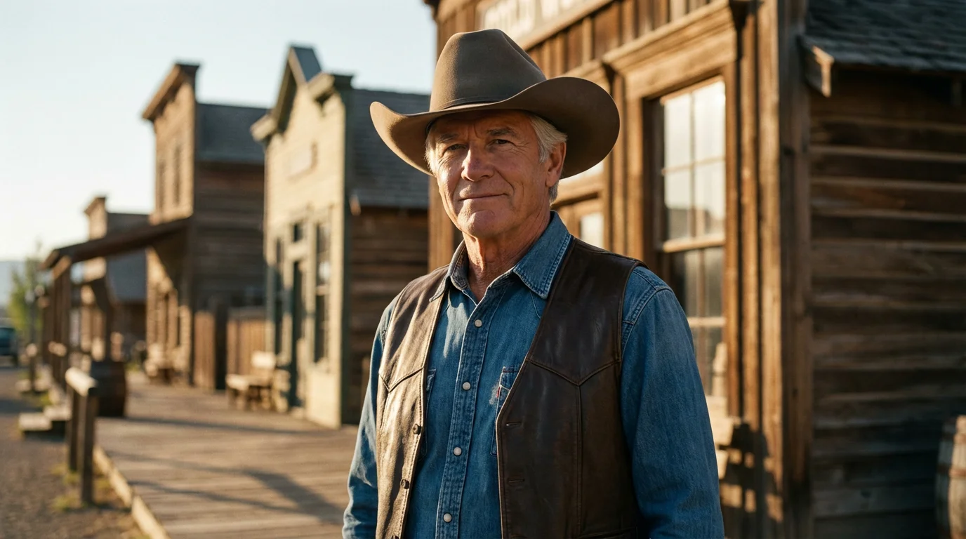 Low angle photo of a retired man in a cowboy hat in historic downtown Cody, Wyoming.