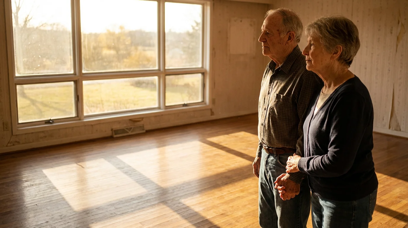 Low angle photo of a senior couple holding hands looking out an empty room's window.