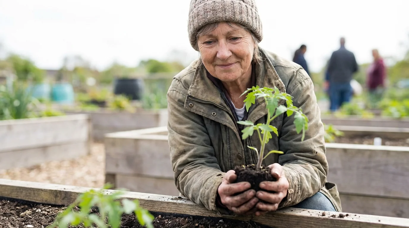 Low angle photo of a senior woman planting a seedling in a community garden.