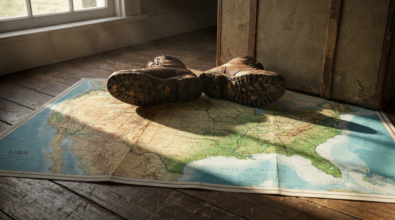 Low angle photo of walking shoes and a suitcase on a map of America.