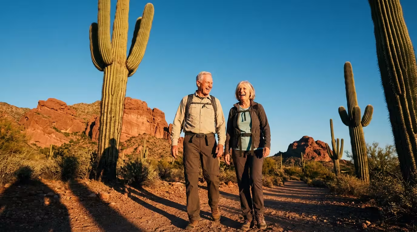 Low angle photograph of a senior couple hiking in a sunny Southwestern desert landscape.