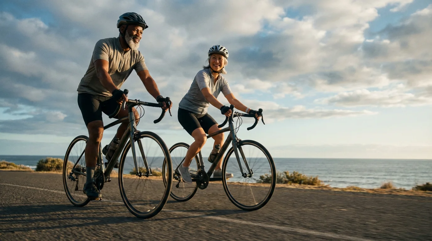 Low angle photograph of an active senior couple cycling on a scenic coastal path.