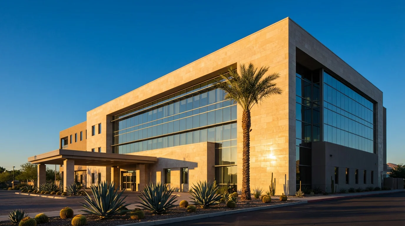 Low angle shot of a modern hospital building exterior during a sunny late afternoon.