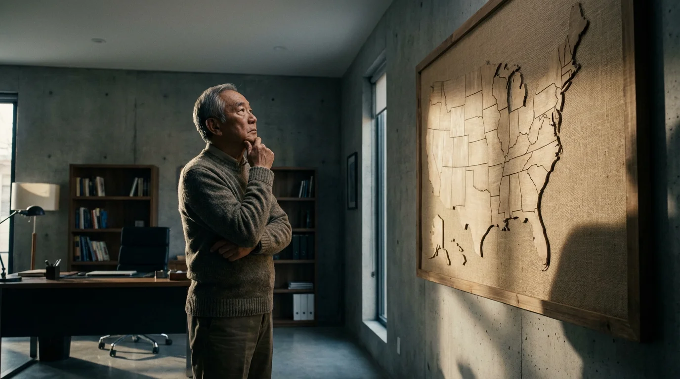 Low angle shot of a senior man contemplating a large, blank map of America.
