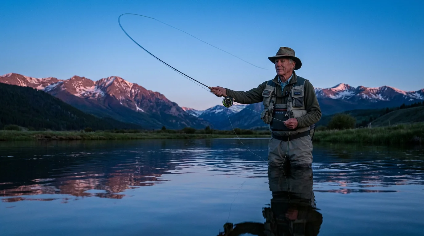 Low angle shot of a senior man fly fishing in a mountain river at dusk.