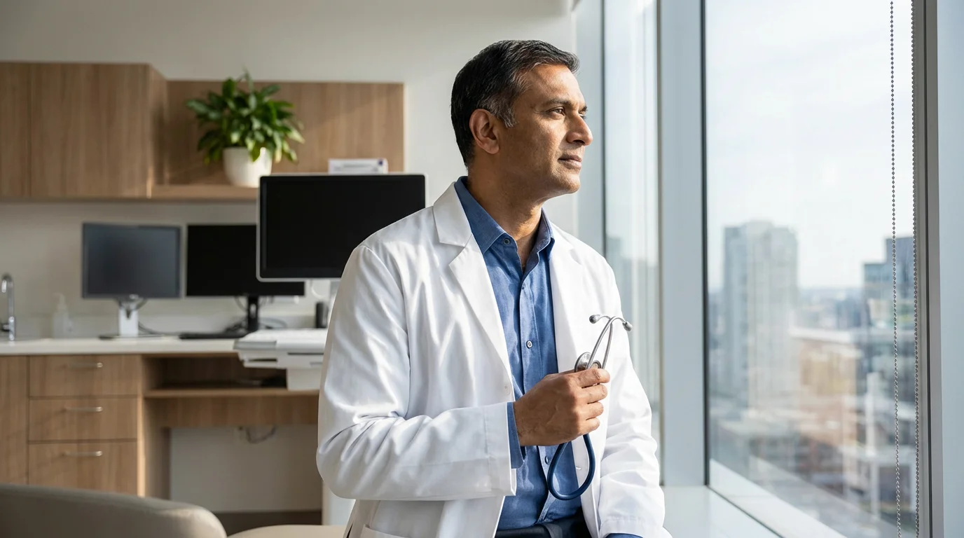 Low angle shot of a thoughtful doctor standing in a modern, sunlit medical office.