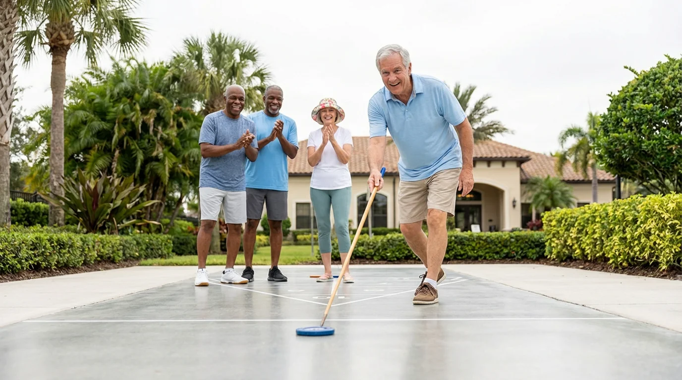 Low angle shot of active seniors playing shuffleboard at a sunny Florida retirement community.