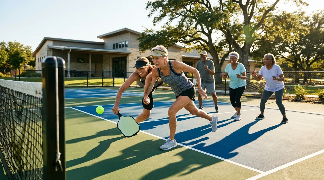 Low angle shot of active seniors playing a game of pickleball in the afternoon.