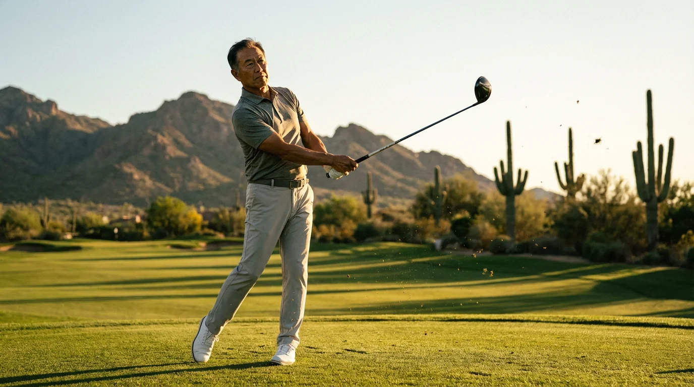 Low angle shot of an active senior man golfing on a desert course at sunset.
