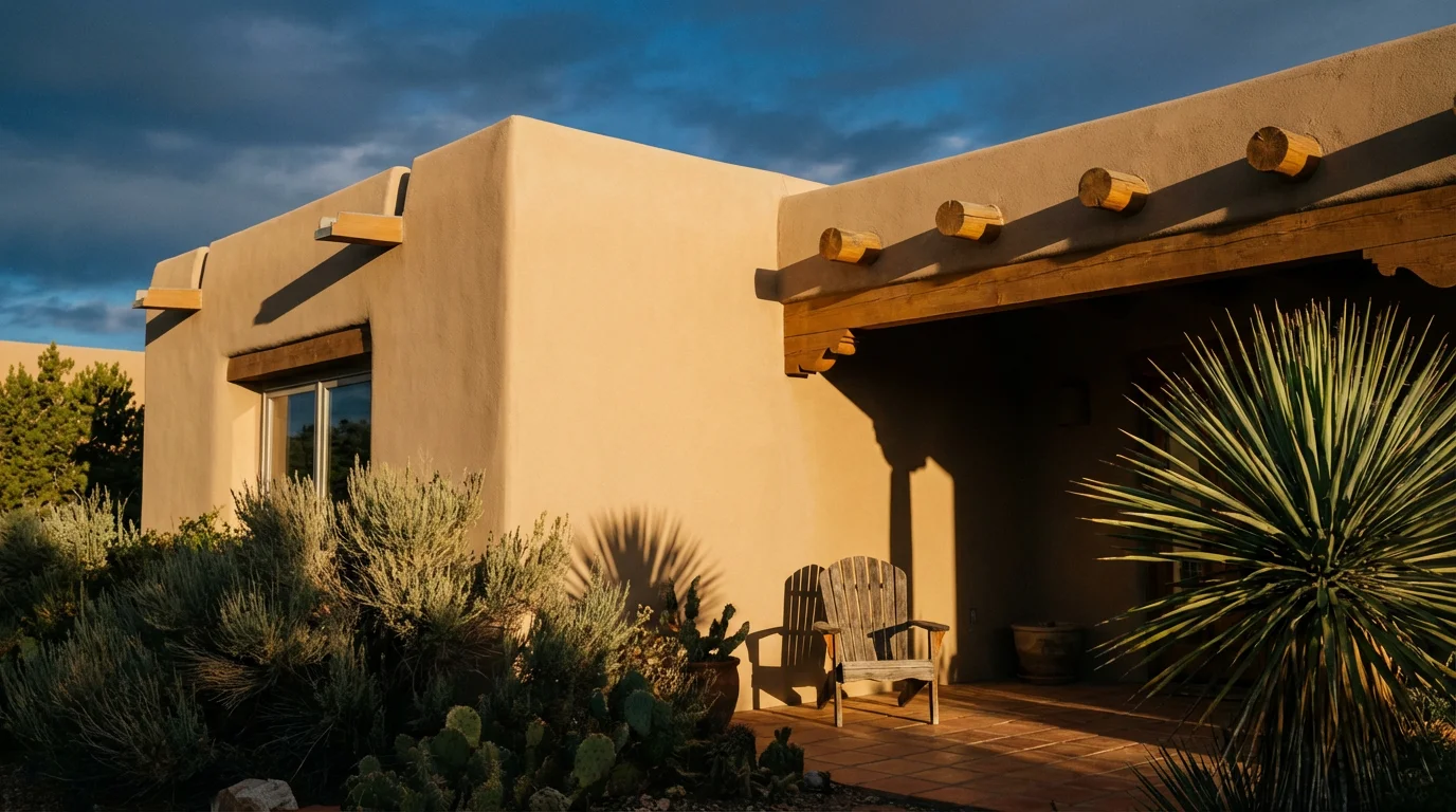 Low angle shot of an affordable adobe-style home in New Mexico during late afternoon.