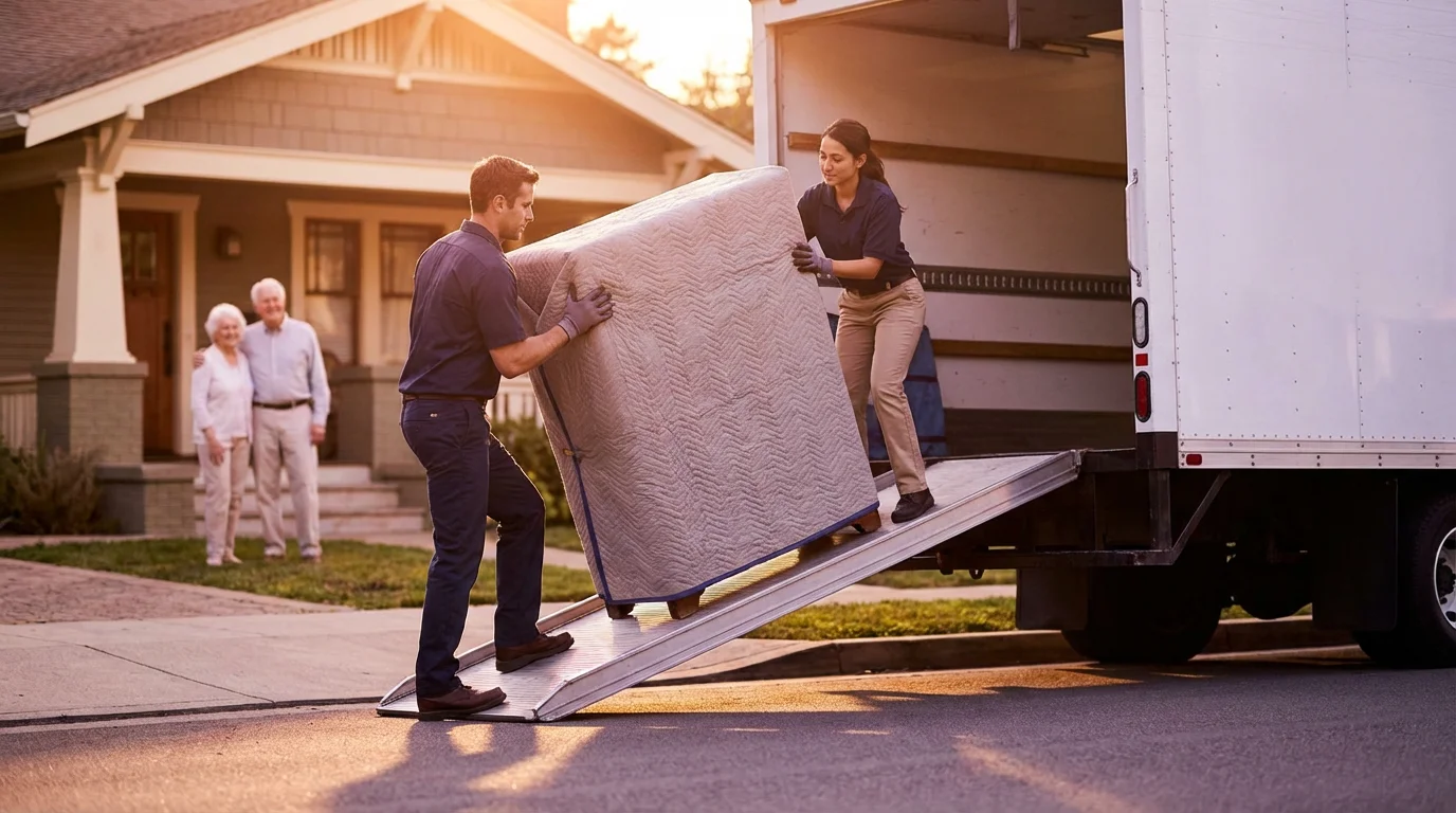 Low angle shot of professional movers loading furniture onto a moving truck at sunset.