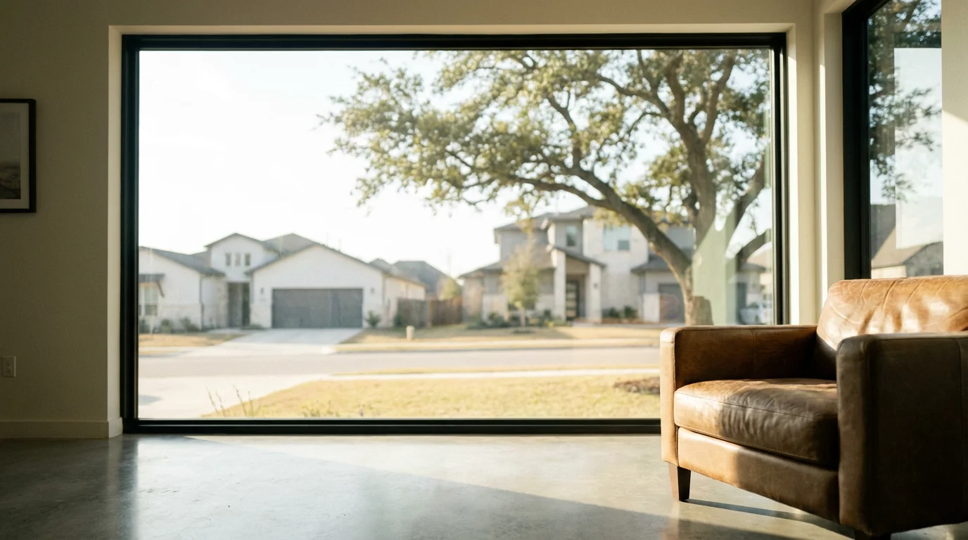 Low angle view from inside a modern home looking out onto a sunny Texas neighborhood.