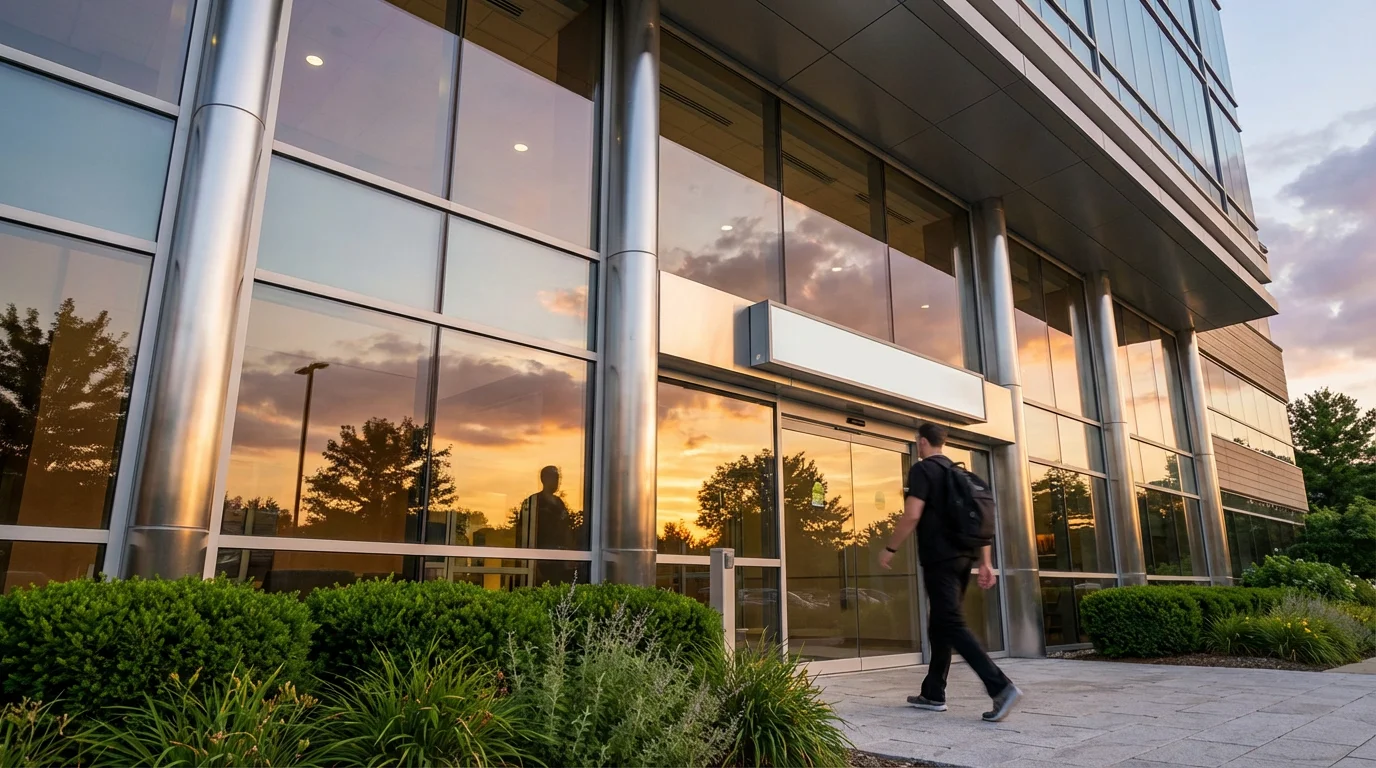 Low angle view of a modern hospital exterior at sunset in Michigan.