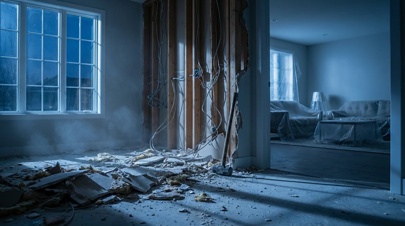 Low angle view of a partially demolished wall inside a house during blue hour.