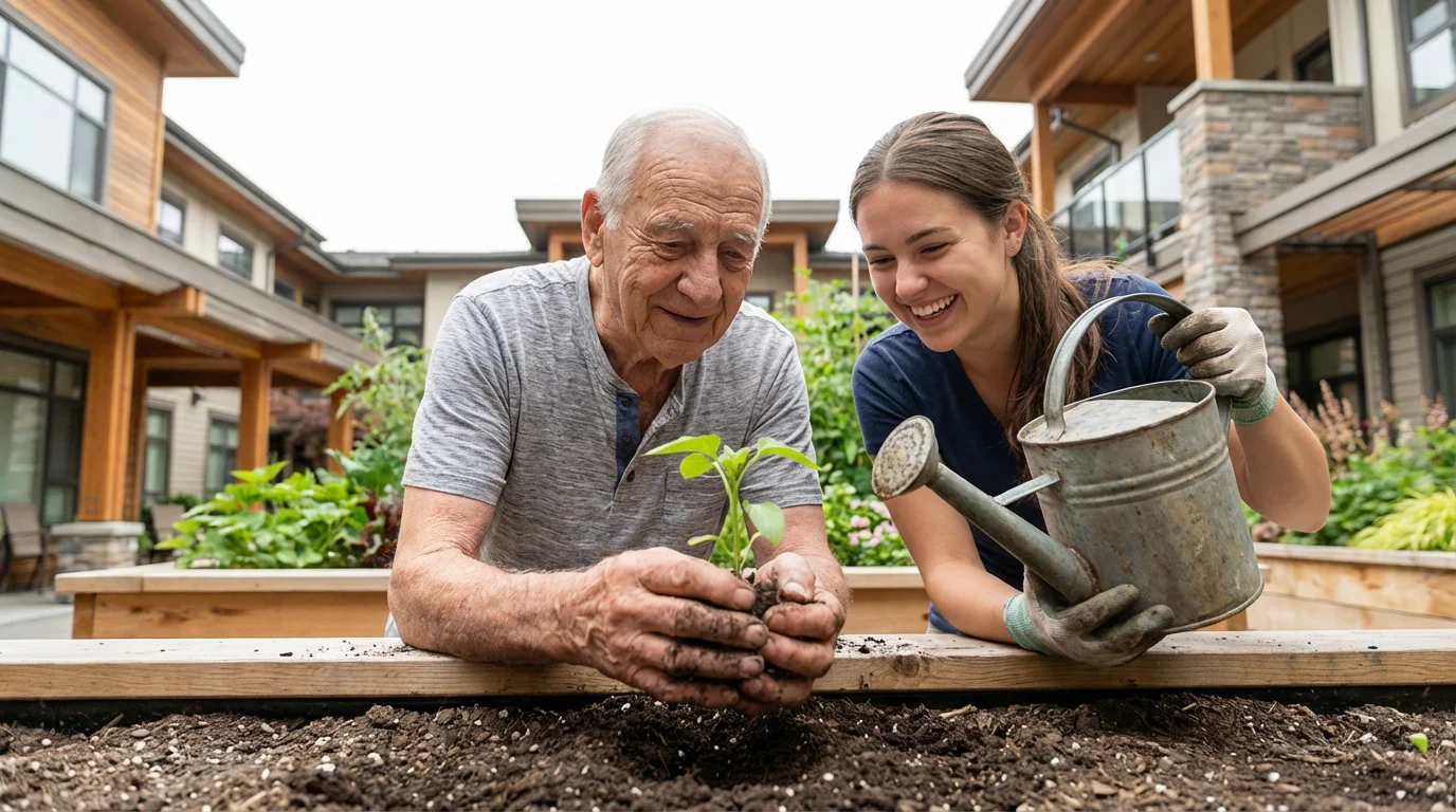 Low angle view of a senior man and young volunteer gardening at a retirement community.
