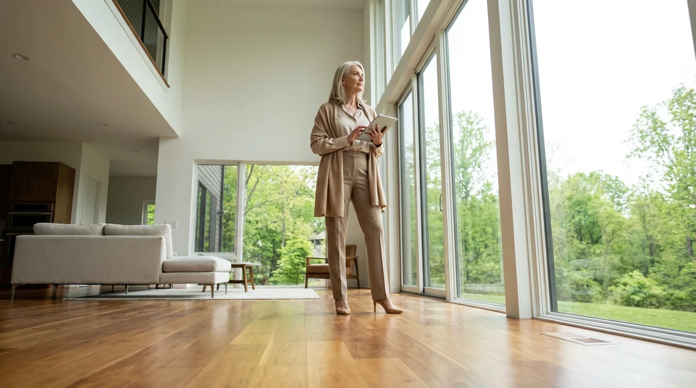 Low angle view of a woman standing in a modern, light-filled Virginia living room.
