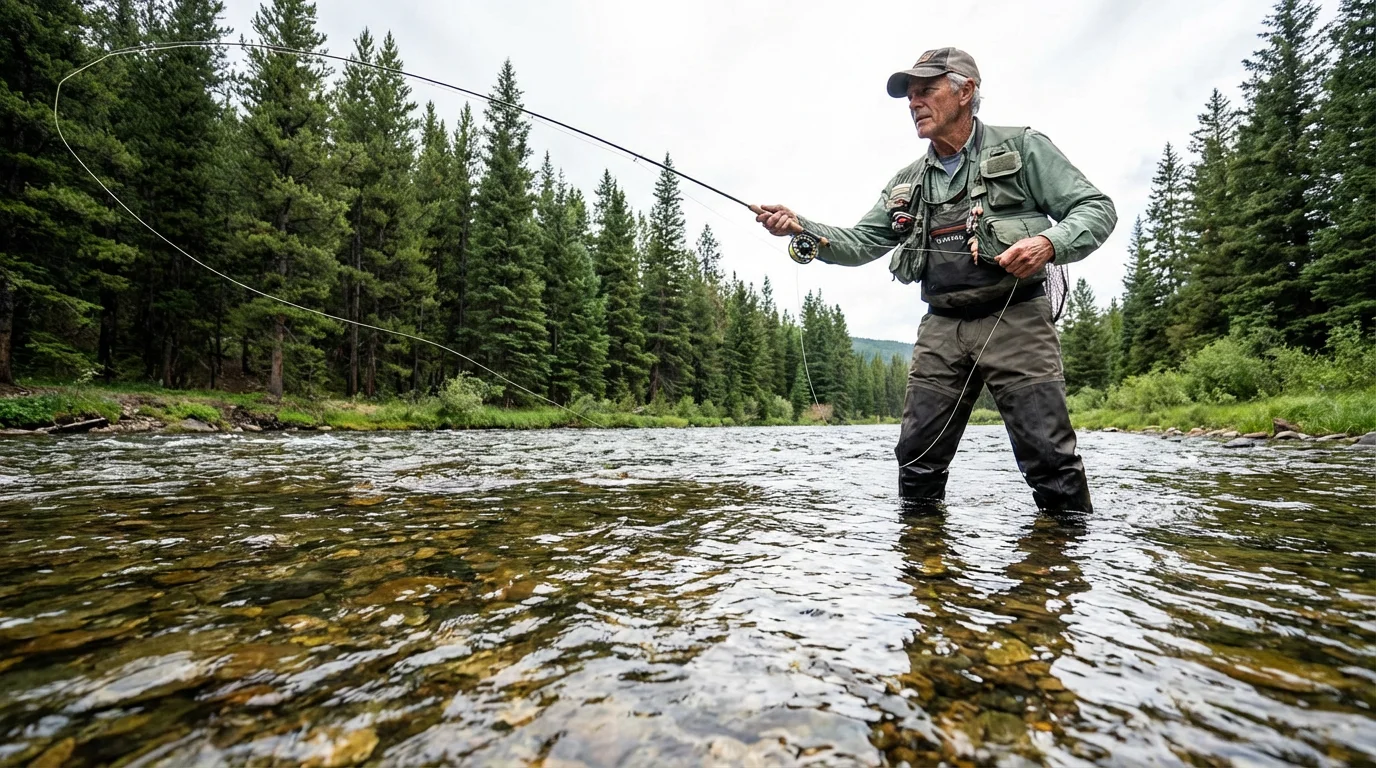 Low angle view of an older man fly fishing in a Colorado mountain river.