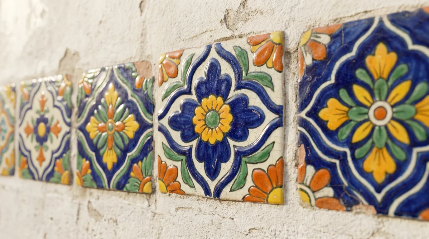 Macro close-up of colorful hand-painted Mexican talavera tiles in soft morning light.