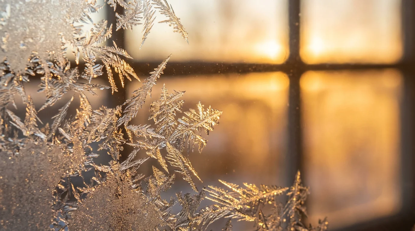 Macro close-up of intricate frost crystals on a window pane during a warm sunset.