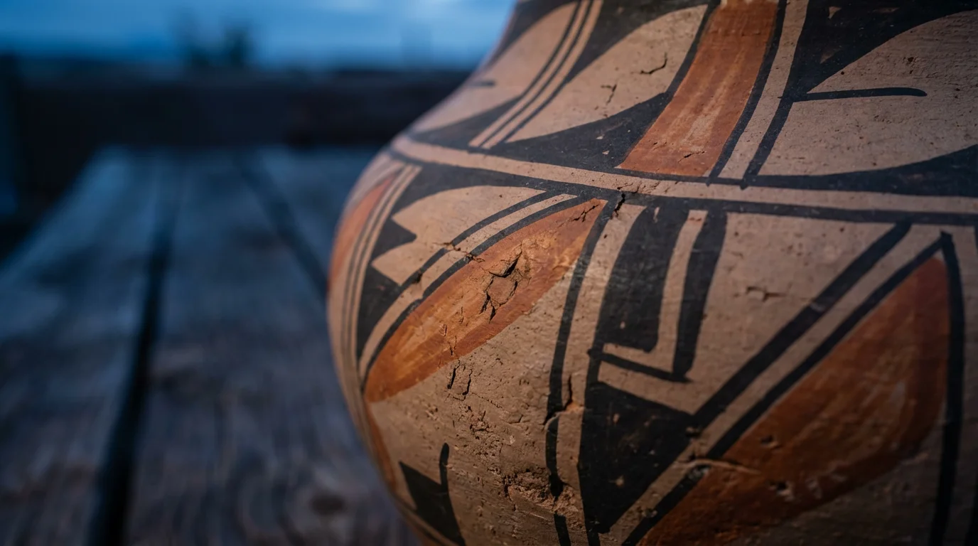 Macro close-up of intricate hand-painted geometric patterns on a traditional New Mexico pottery vessel.
