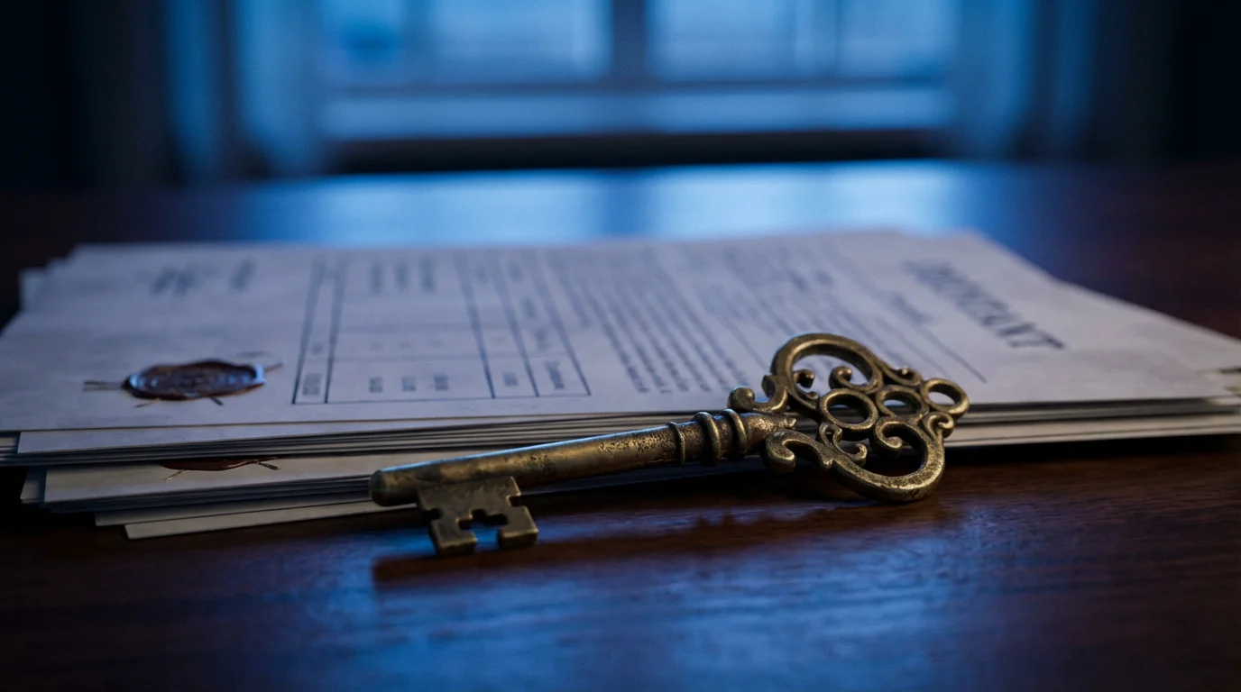 Macro photo of a brass house key on a stack of planning documents during twilight.