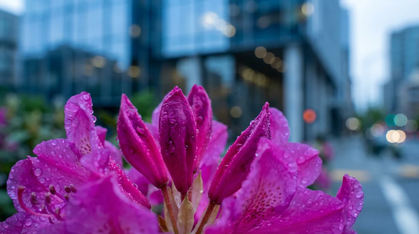 Macro photo of a dew-covered rhododendron blossom in Washington at twilight.