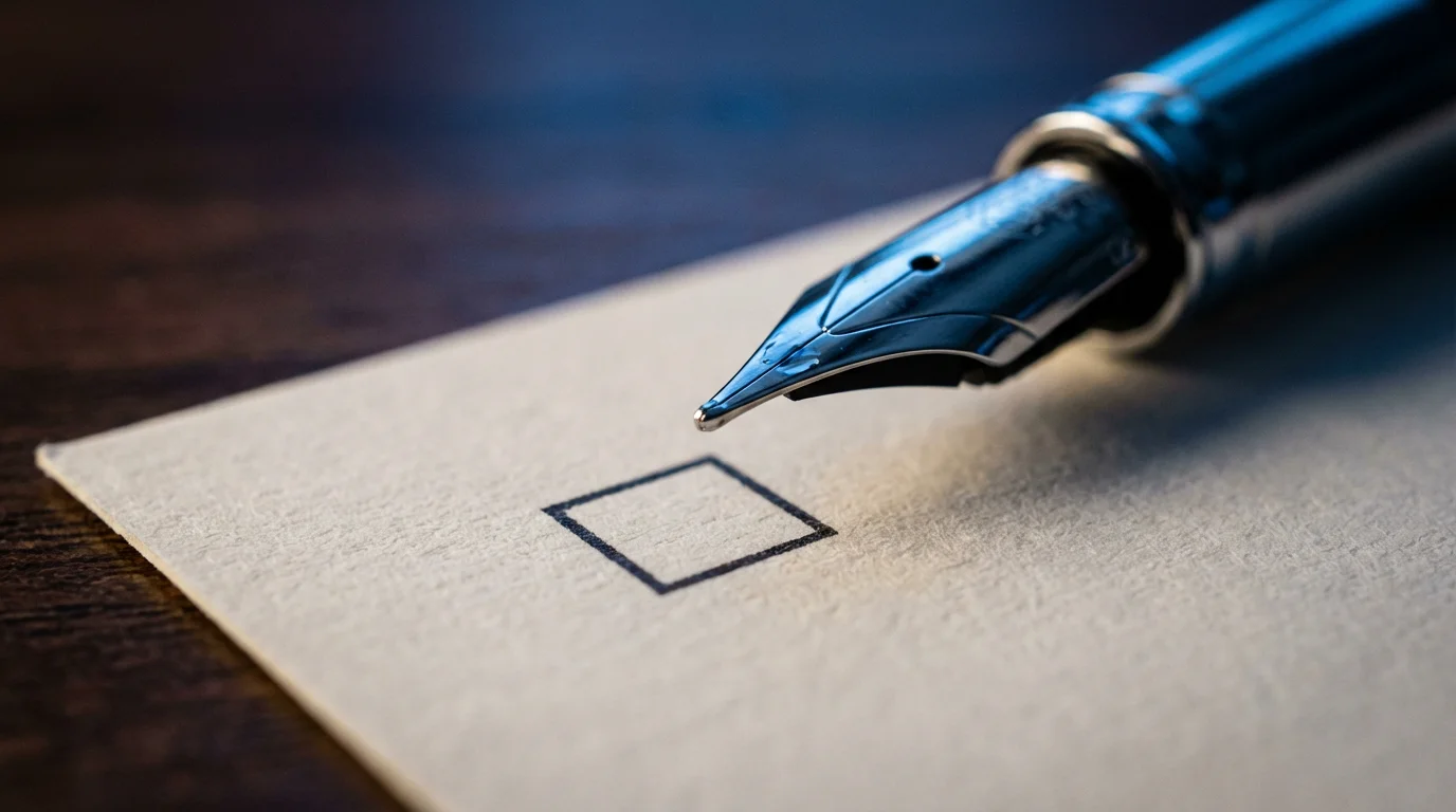 Macro photo of a fountain pen nib poised over a blank checklist box.