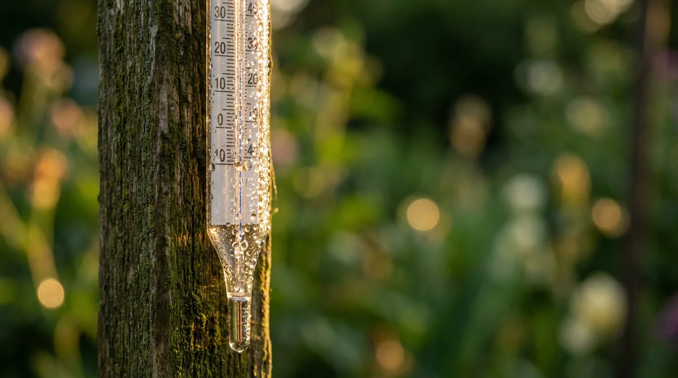Macro photo of a glass thermometer with dew drops in a garden during sunrise.