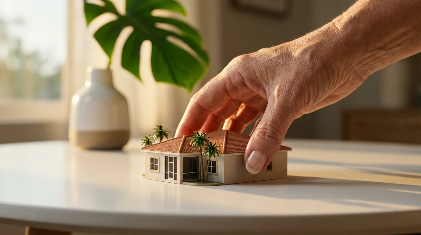 Macro photo of a hand placing a miniature model of a Florida house.