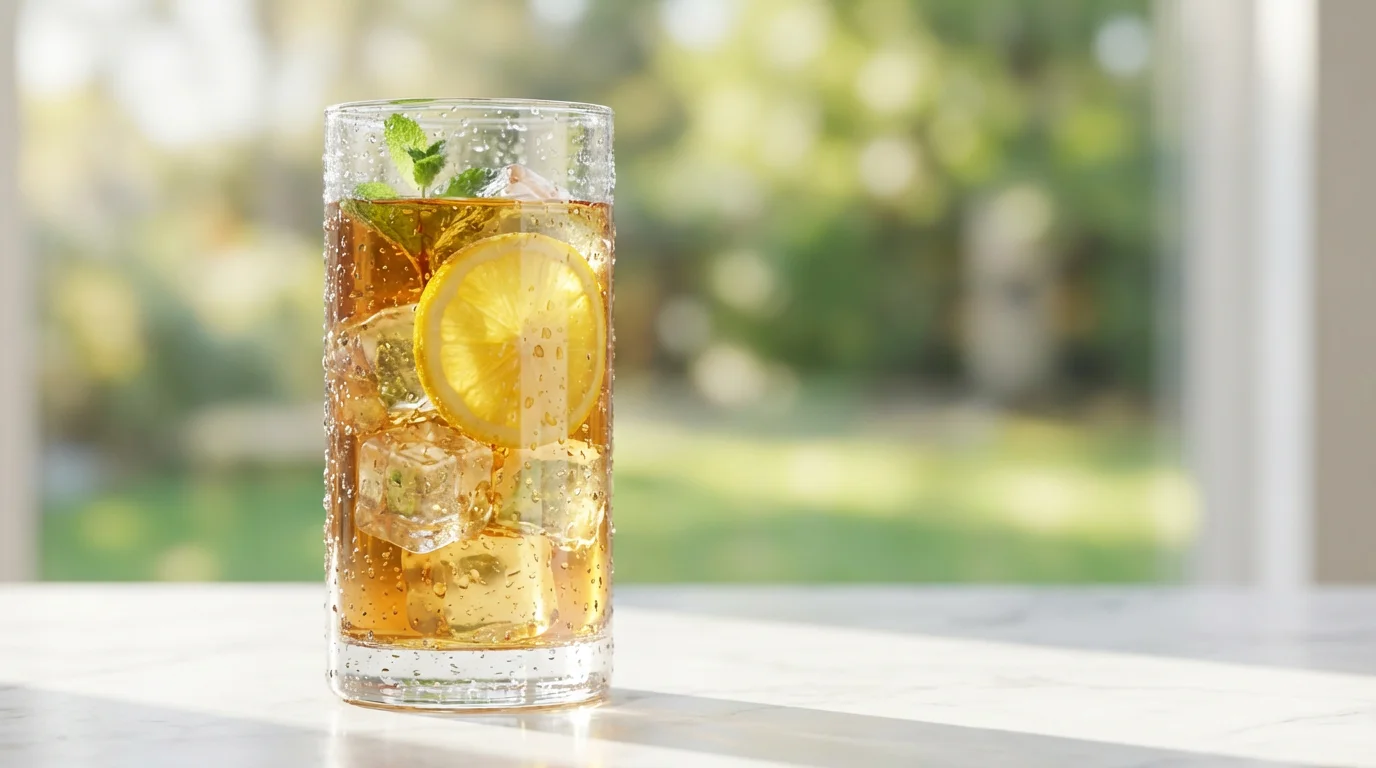 Macro photo of a refreshing glass of iced tea with lemon near a sunny window.