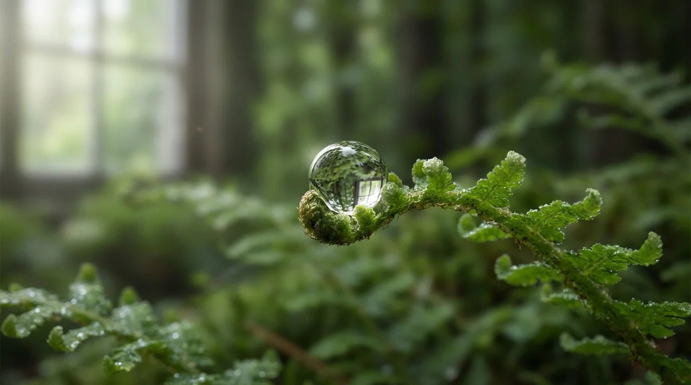 Macro photo of a single perfect water droplet on a vibrant green fern leaf.