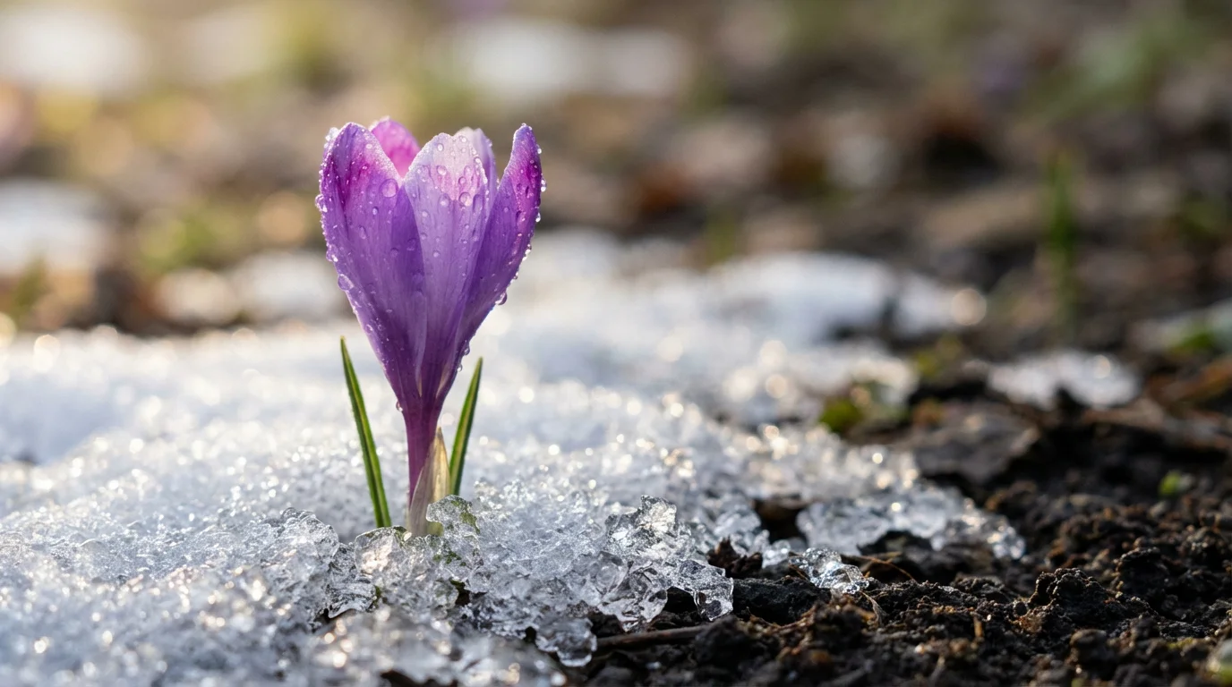 Macro photo of a single purple crocus flower pushing through melting spring snow.