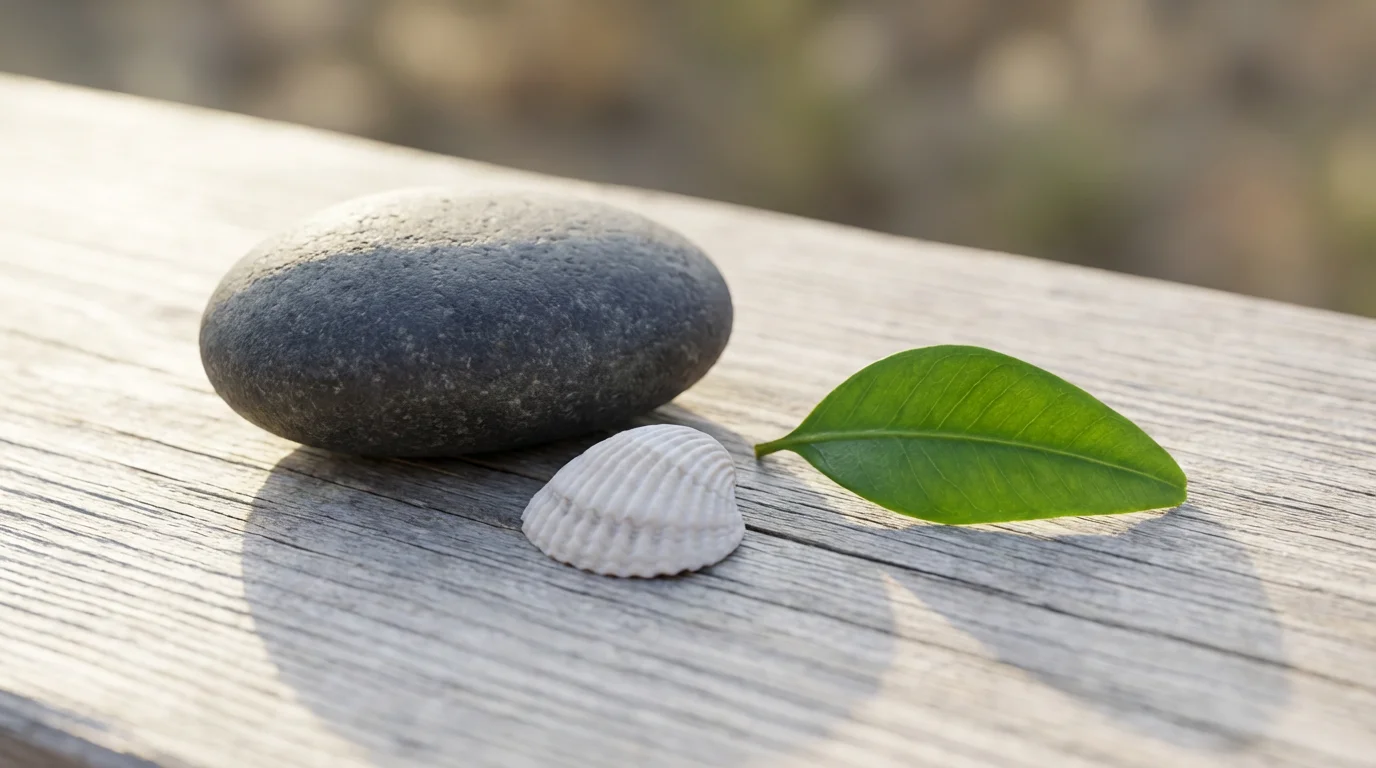Macro photo of a stone, seashell, and leaf representing Virginia's diverse regions.