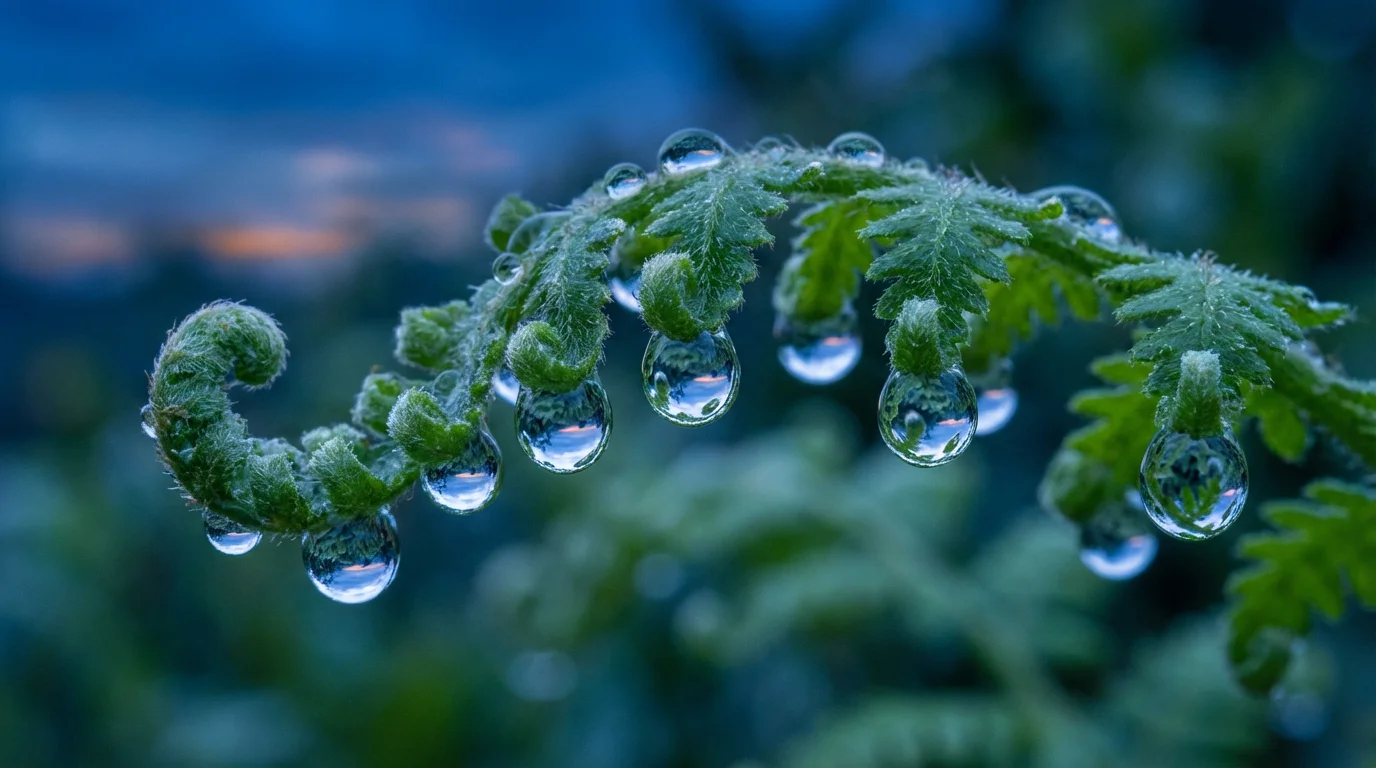 Macro photo of dew drops on a green fern leaf during the blue hour.