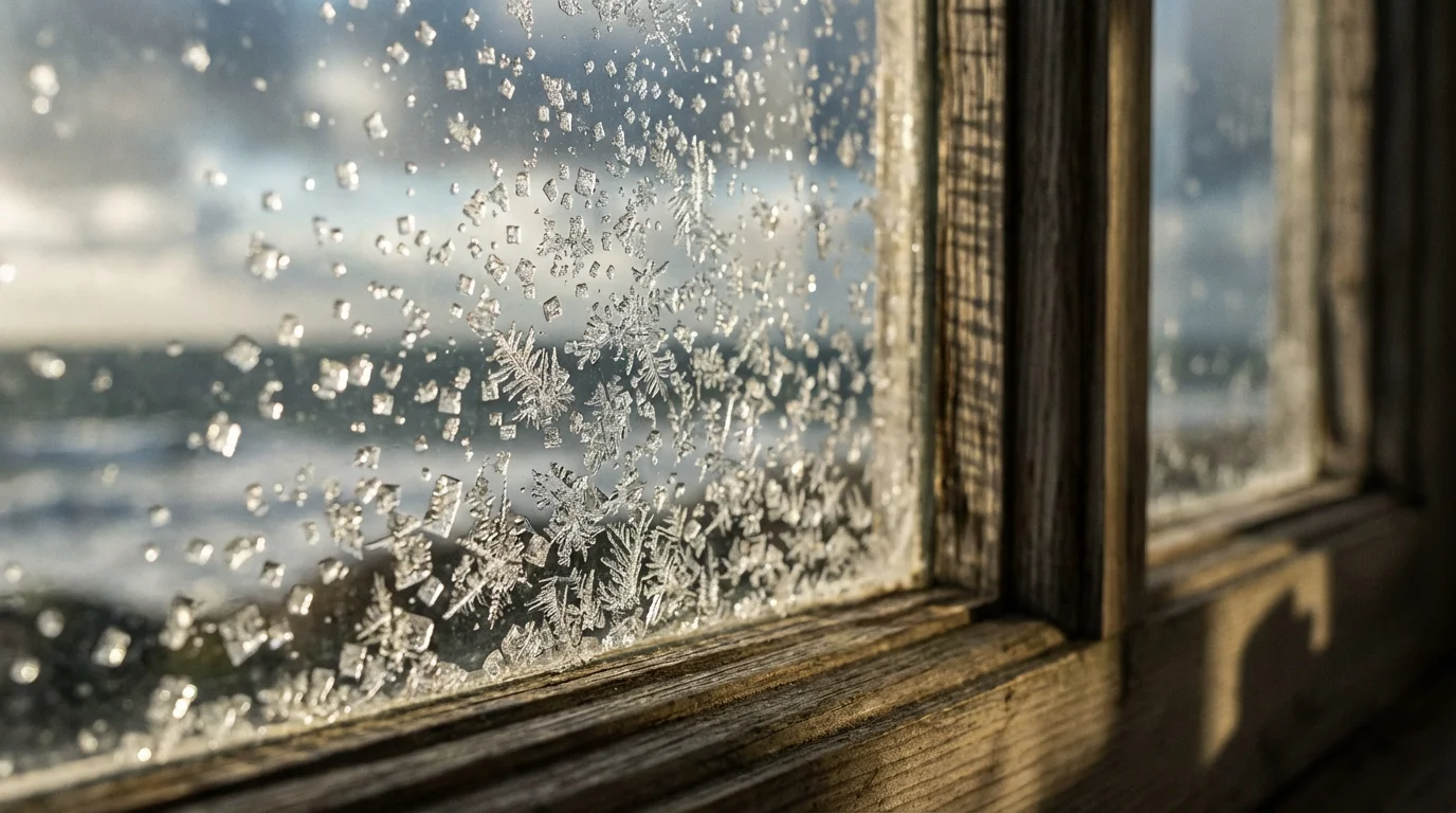 Macro photo of dried sea salt crystals on a coastal window pane at sunset.