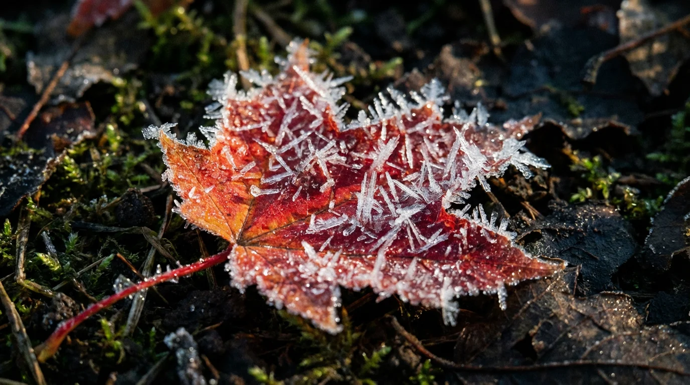 Macro photo of early winter frost crystals forming on a vibrant red autumn leaf.