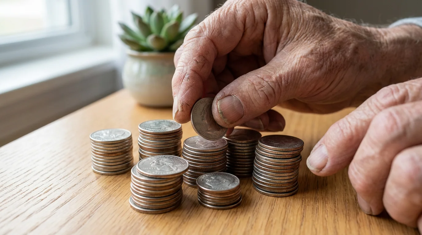Macro photo of hands sorting different US coins into neat stacks on a desk.