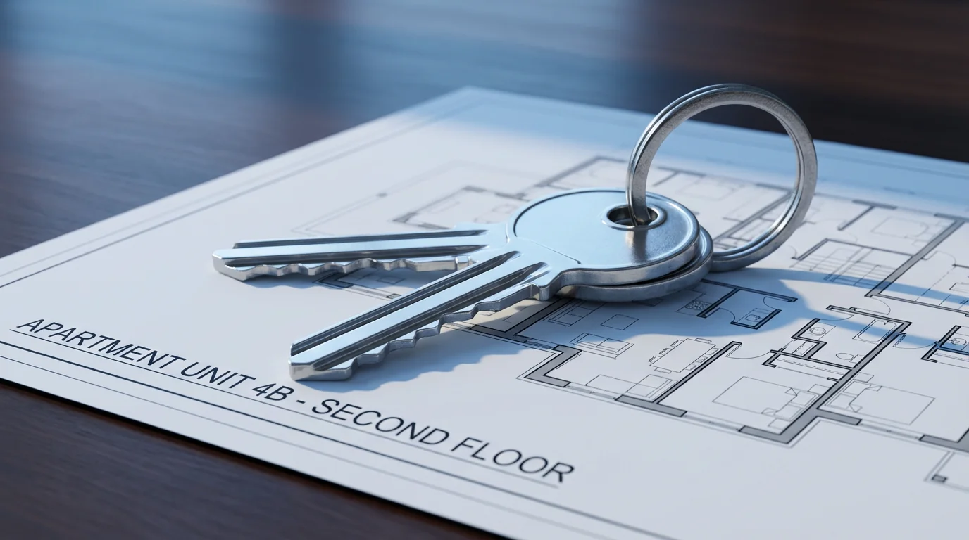 Macro photo of new apartment keys resting on an architectural blueprint during twilight.