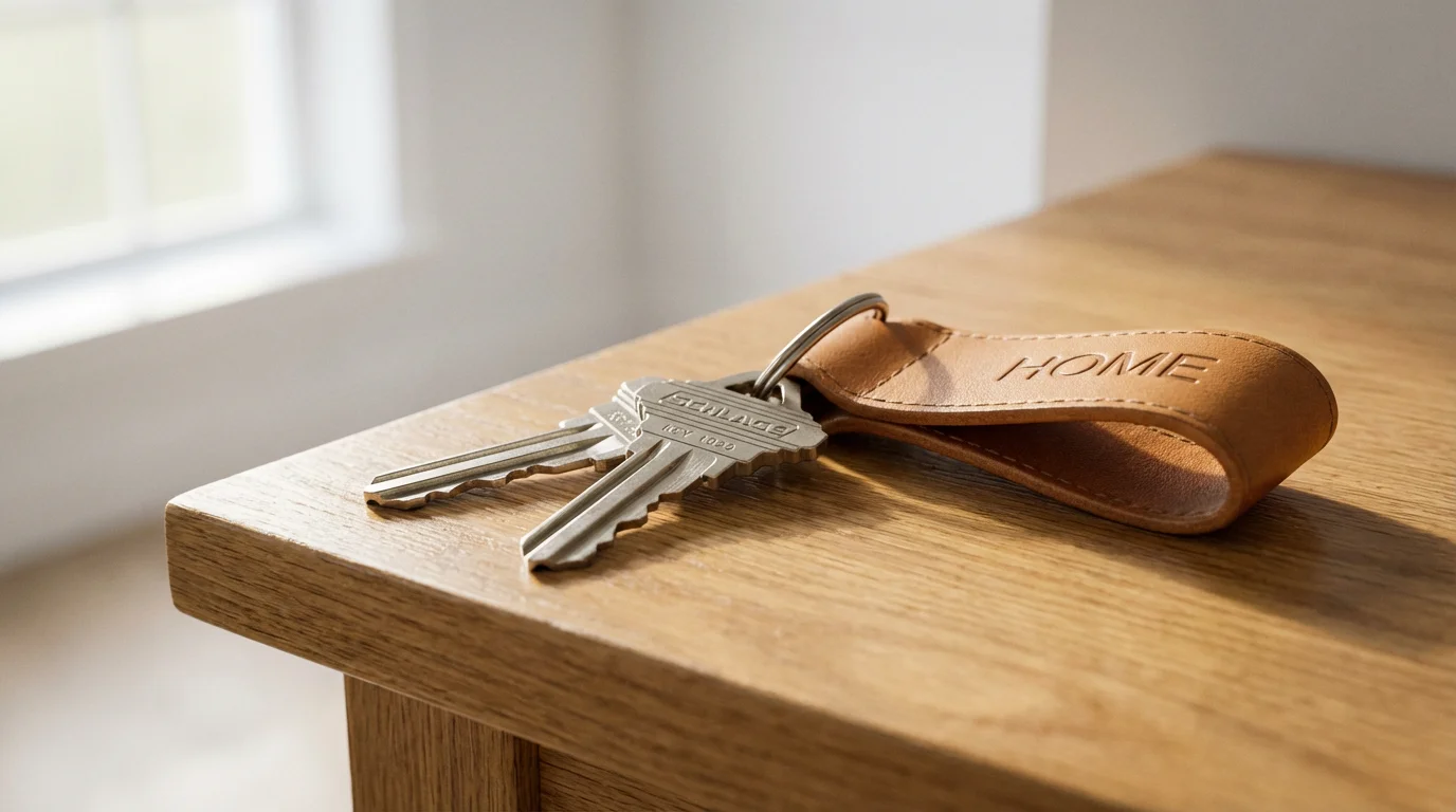 Macro photo of new house keys with a leather fob on a wooden table.
