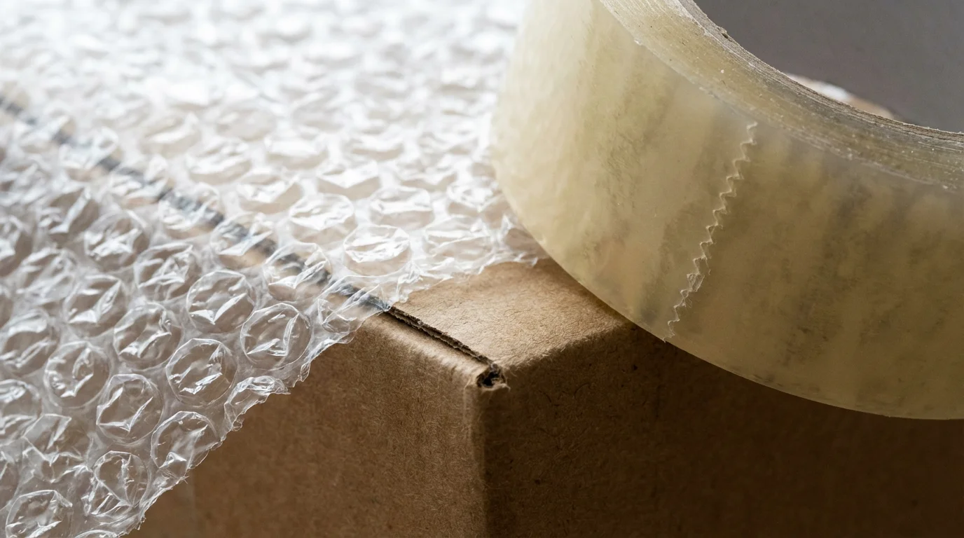 Macro photo of packing tape and bubble wrap on a cardboard moving box.
