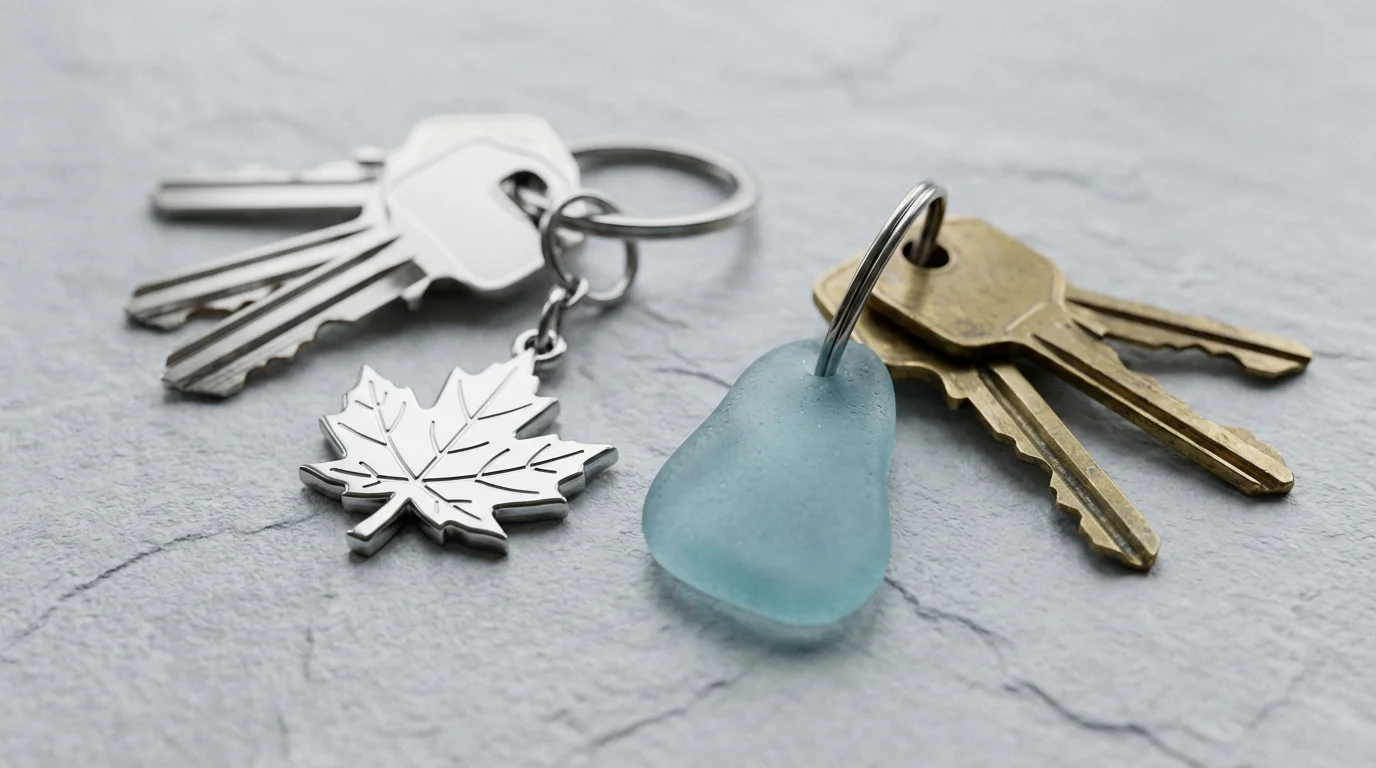 Macro photo of two sets of house keys with different keychains representing two homes.