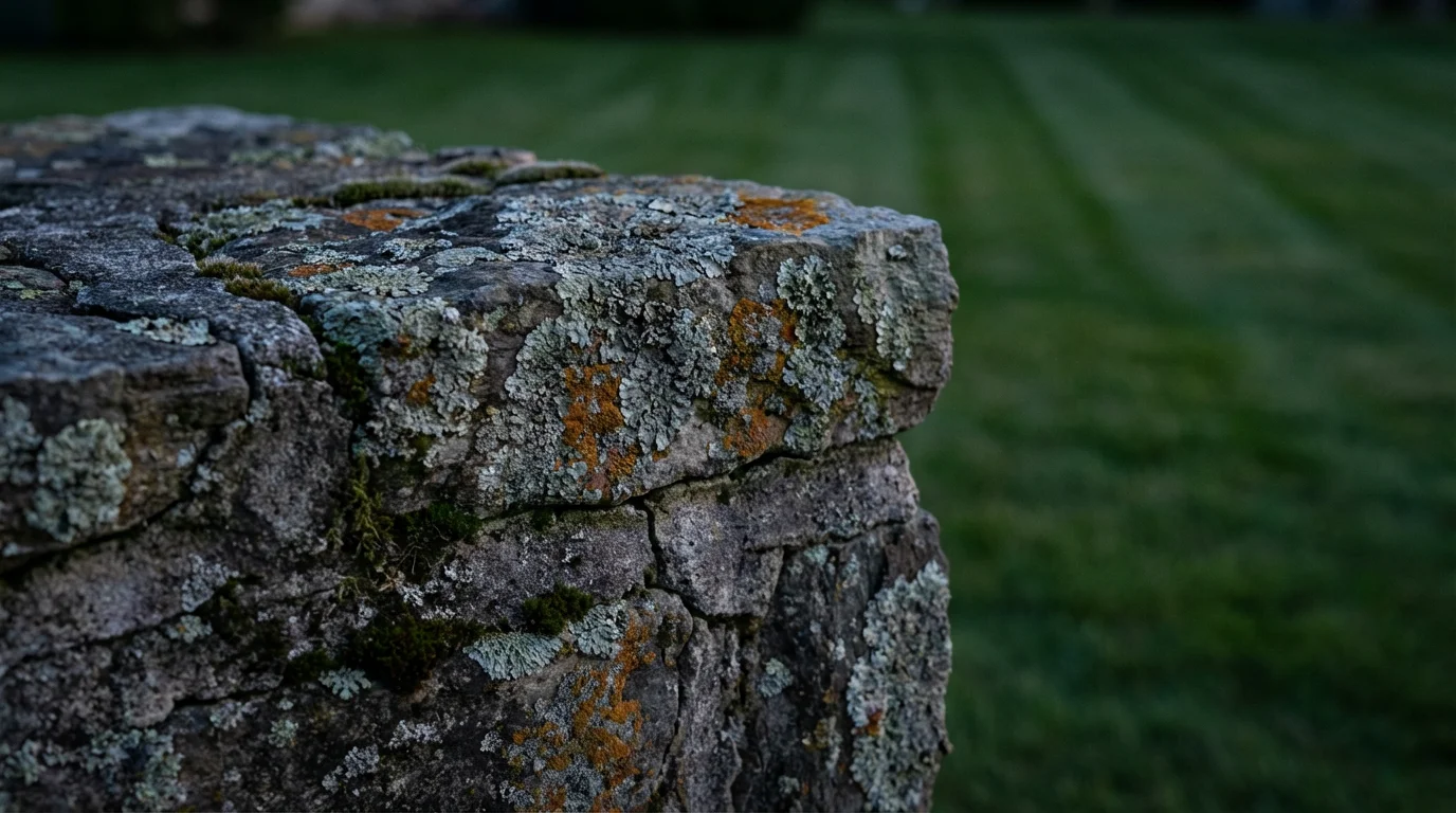 Macro photograph of a historic fieldstone wall with moss at twilight in Pennsylvania.