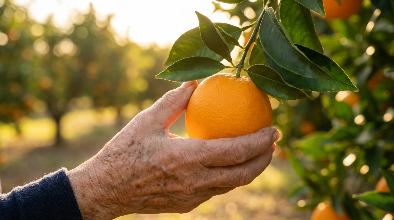 Macro photograph of a senior's hand holding a fresh orange during golden hour.