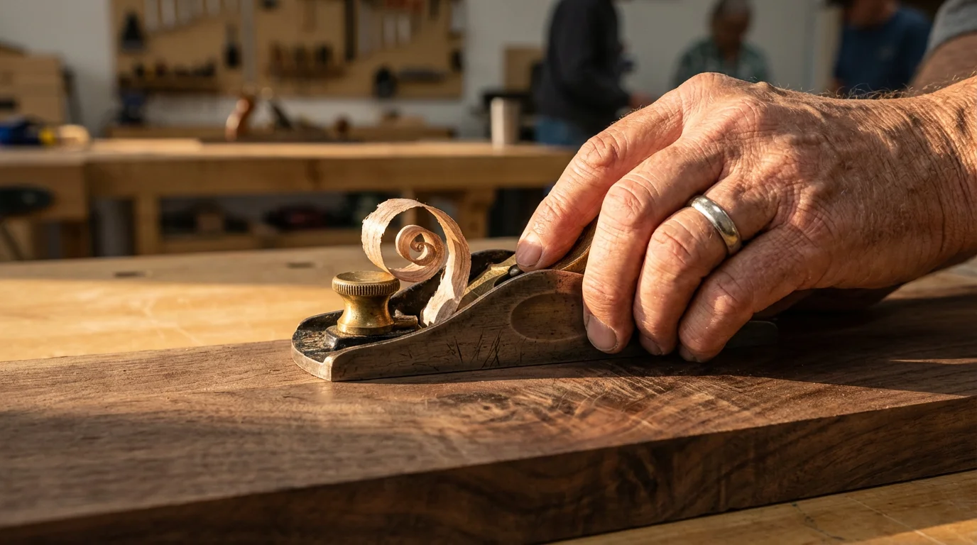 Macro photograph of a senior's hand using a hand plane on a wood block.