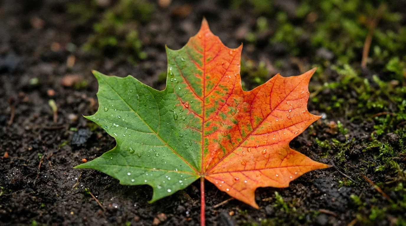 Macro photograph of a single leaf transitioning from summer green to autumn red.