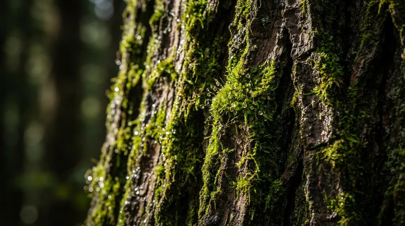 Macro photograph of bright green moss and water droplets on an old tree trunk.