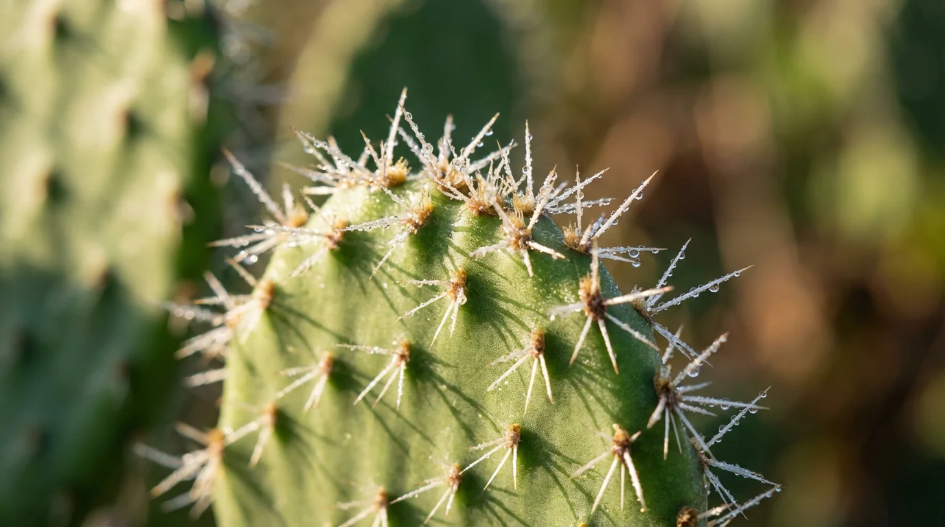 Macro photograph of morning dew droplets glistening on the spines of a prickly pear cactus.