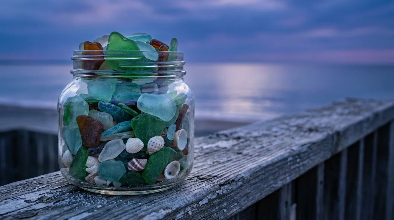 Macro shot of a jar of sea glass and shells on a porch railing at twilight.