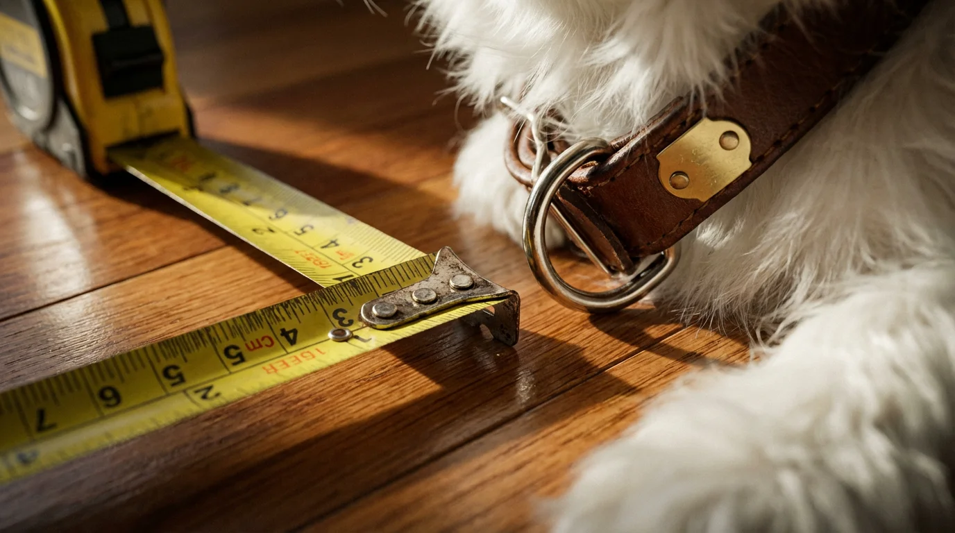Macro shot of a measuring tape lying next to a dog's leather collar on a floor.