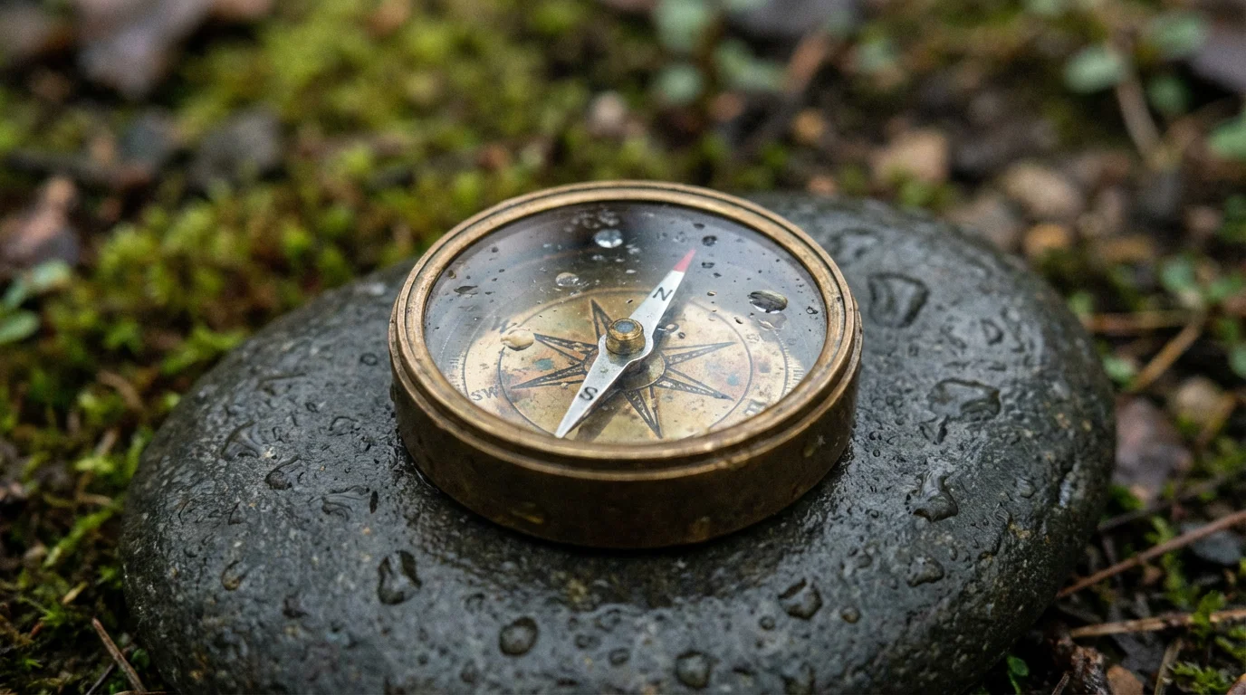 Macro shot of a vintage brass compass on a wet river stone outdoors.